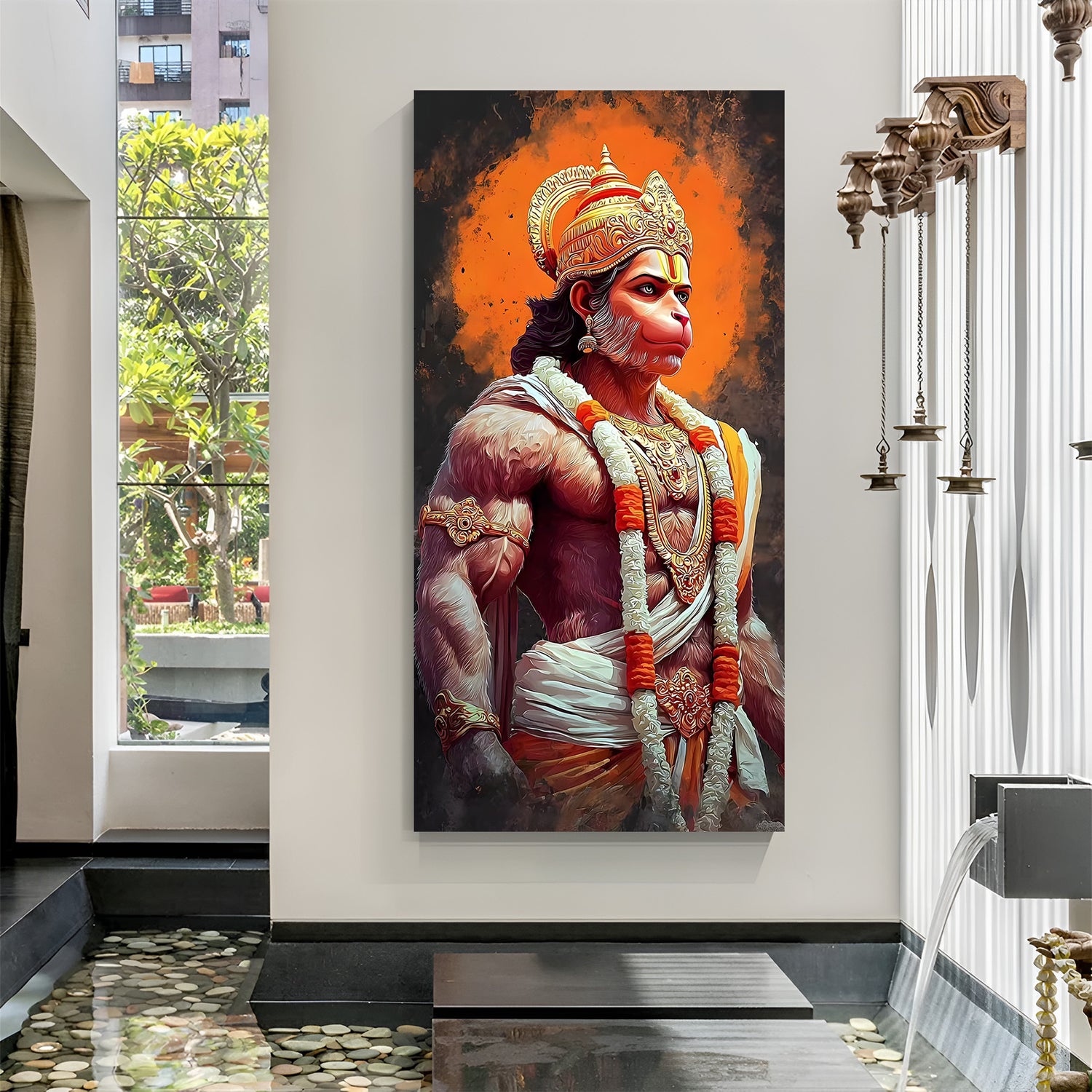 Vertical Hanuman Ji portrait wall art with golden aura on canvas.
