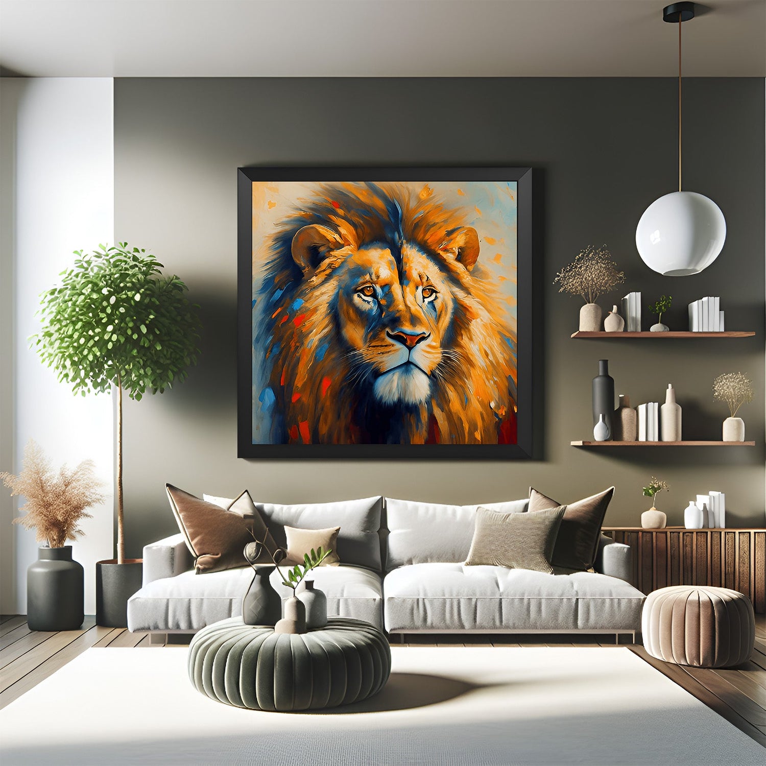 Royal lion art in black floater frame, symbolizing power and pride, perfect for offices or interiors that reflect strength and authority