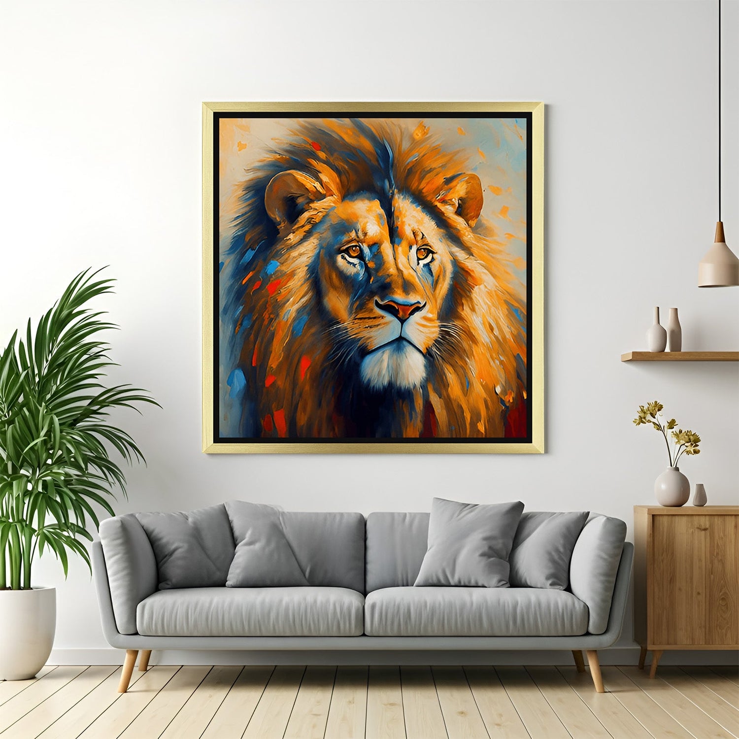 Golden framed lion painting of jungle king, designed for elegant spaces that value leadership, power, and commanding presence