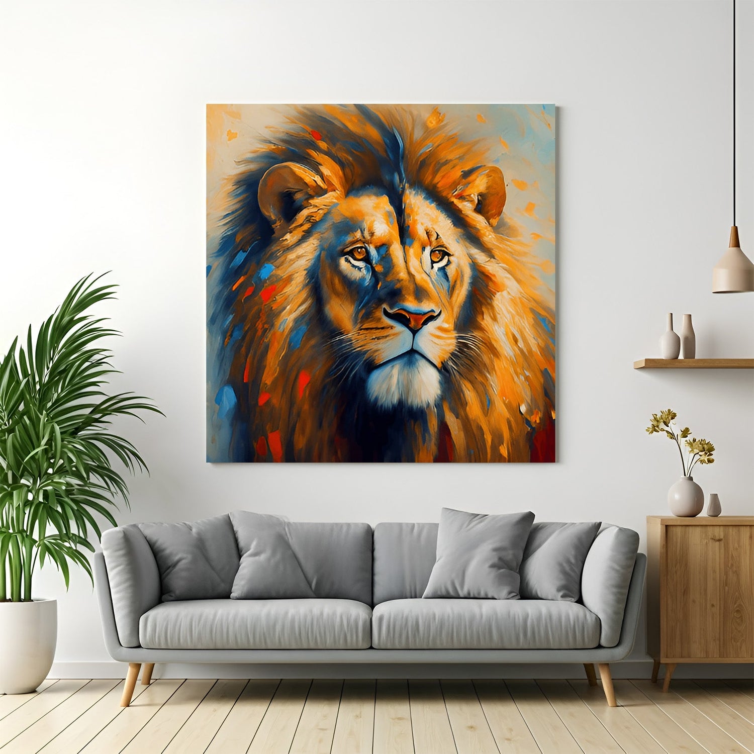 Majestic lion canvas painting showing the king of the jungle in a royal, powerful pose, ideal for bold interiors and statement wall decor