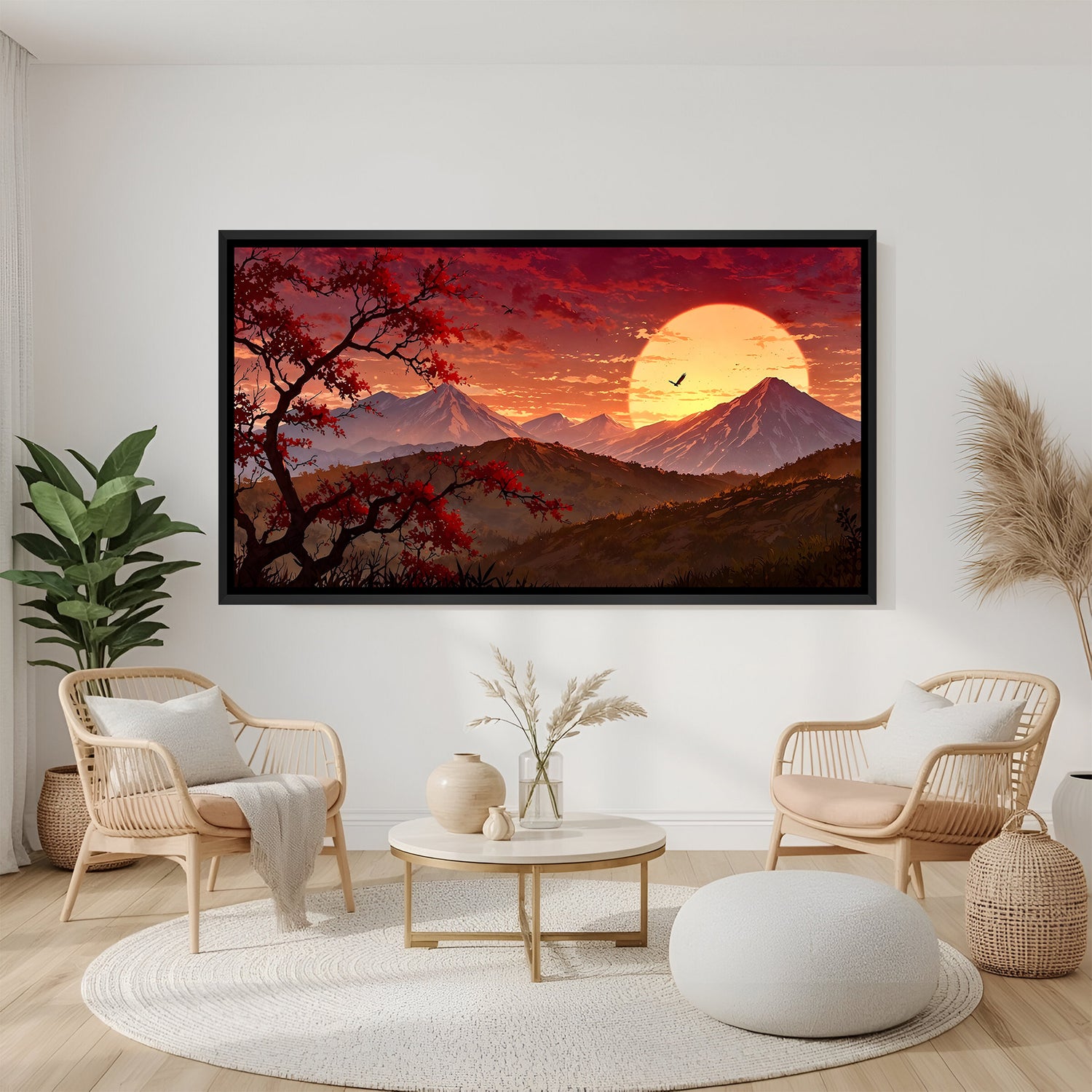 Modern mountain artwork in elegant black floater frame showcasing contemporary landscape design