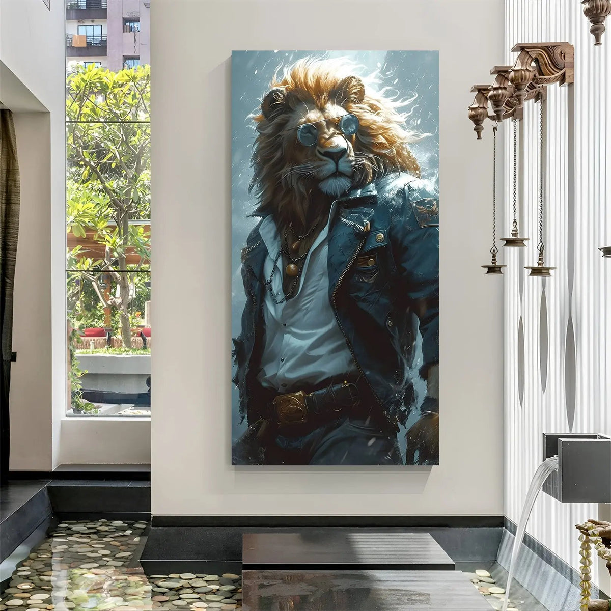 Majestic rebel lion canvas wall art with sunglasses and leather jacket in premium canvas wrapped frame