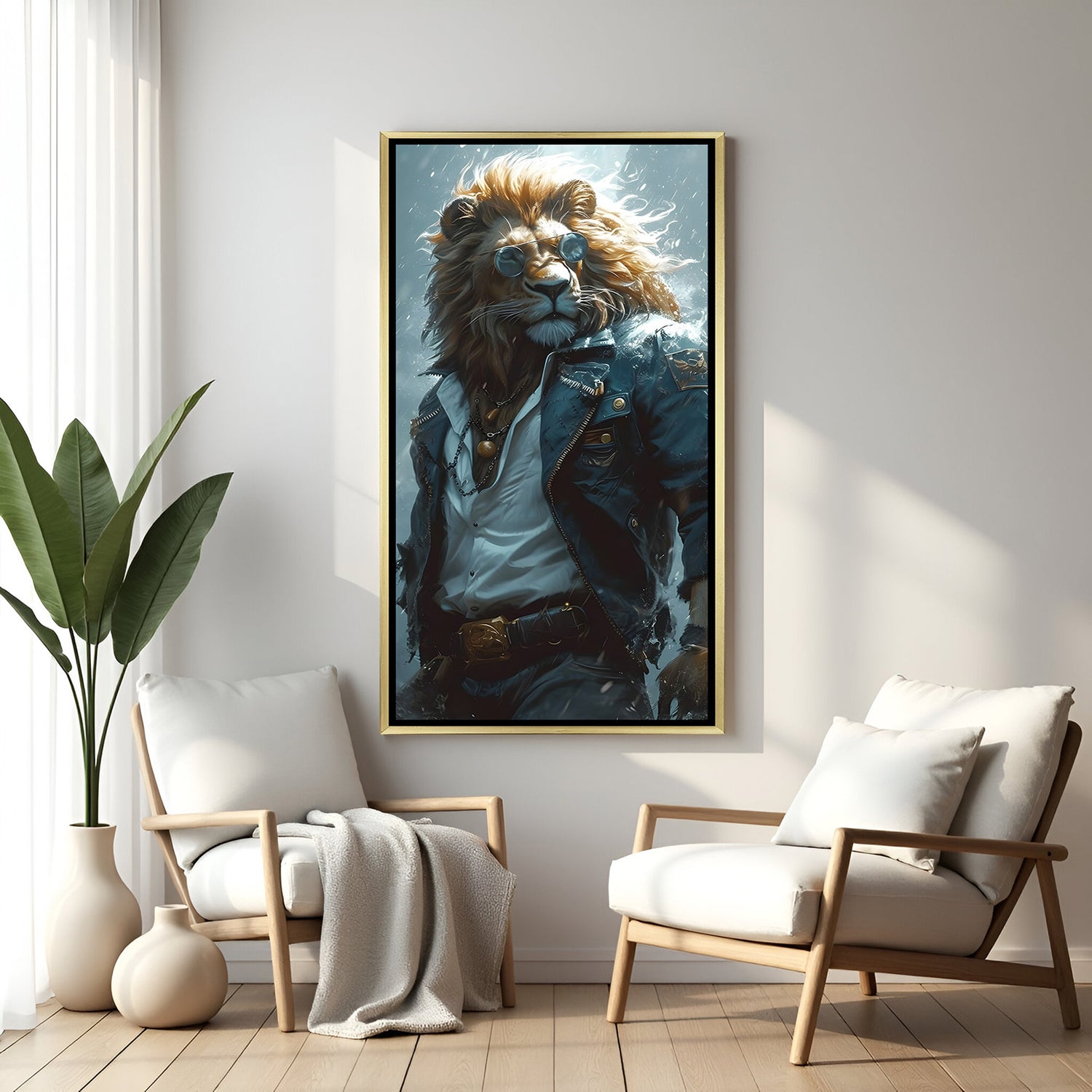 Luxury lion portrait canvas wall art in golden floater frame with fashionable modern styling