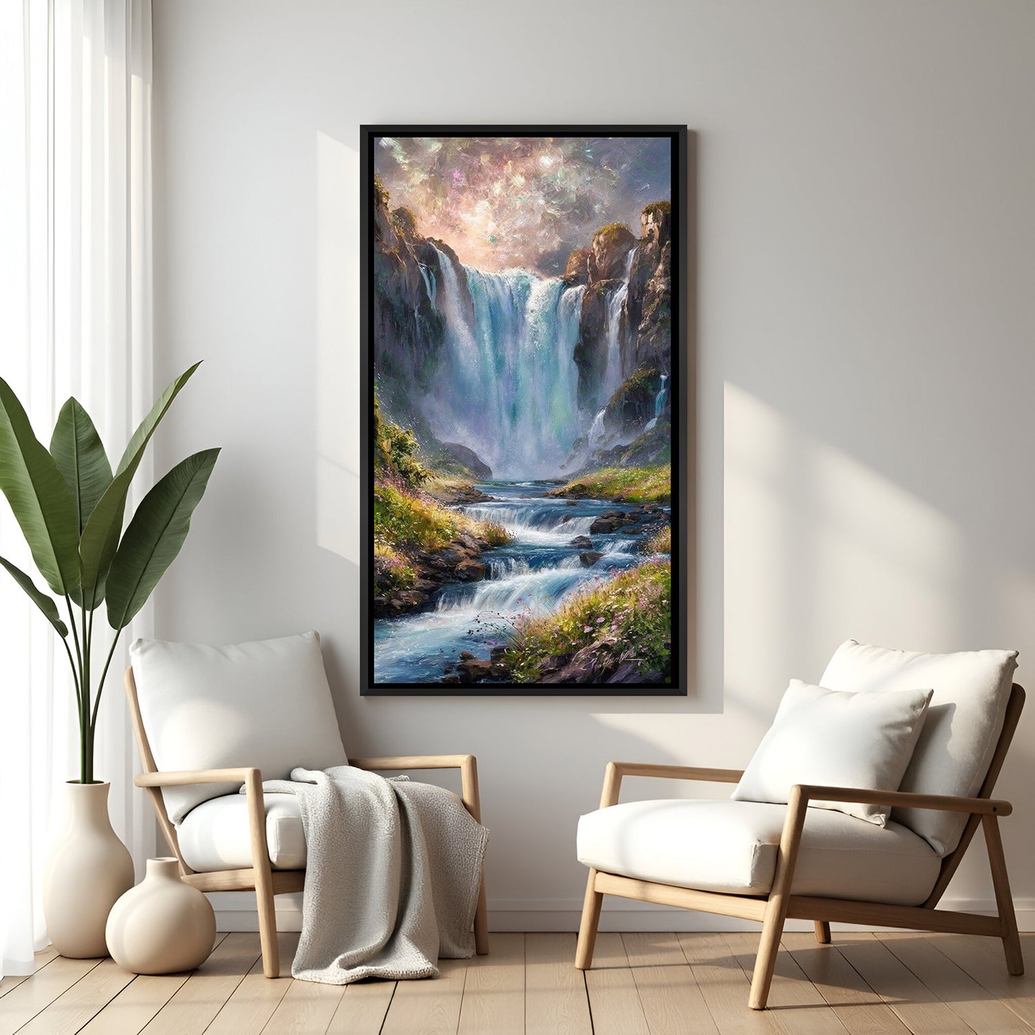 Majestic waterfall landscape wall painting in sleek black floater frame for elegant modern decor