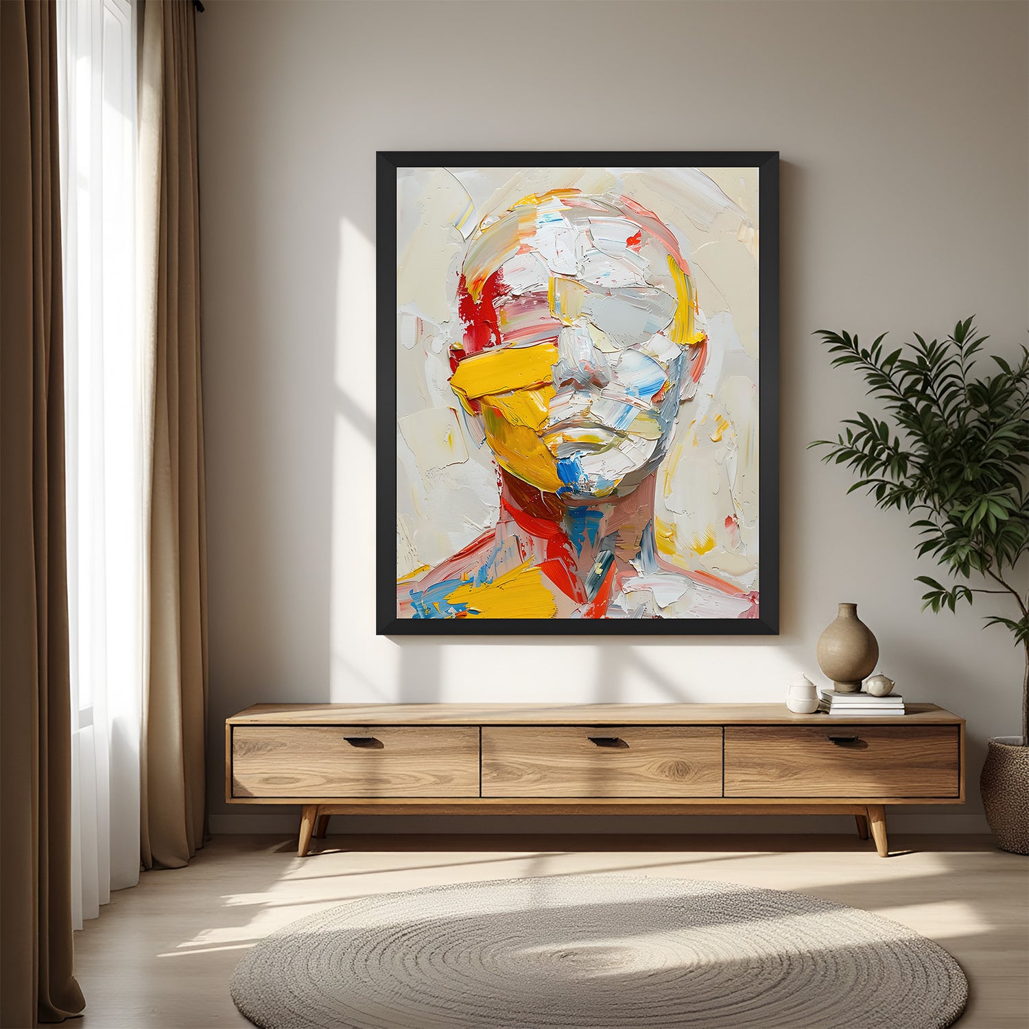 Male face abstract wall painting in black floater frame – subtle and expressive canvas art for modern bedrooms, living spaces, and office decor