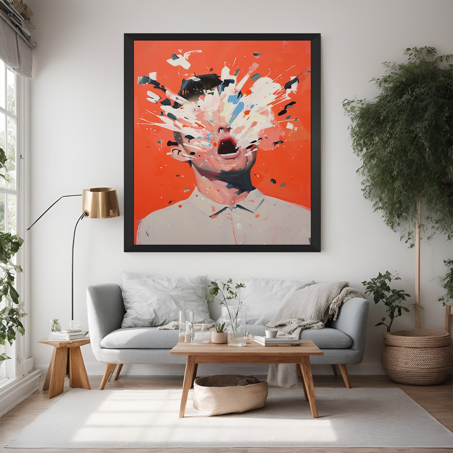 Man face abstract canvas with paint splashes in black floater frame – bold and edgy wall painting for stylish bedrooms, studios, and offices