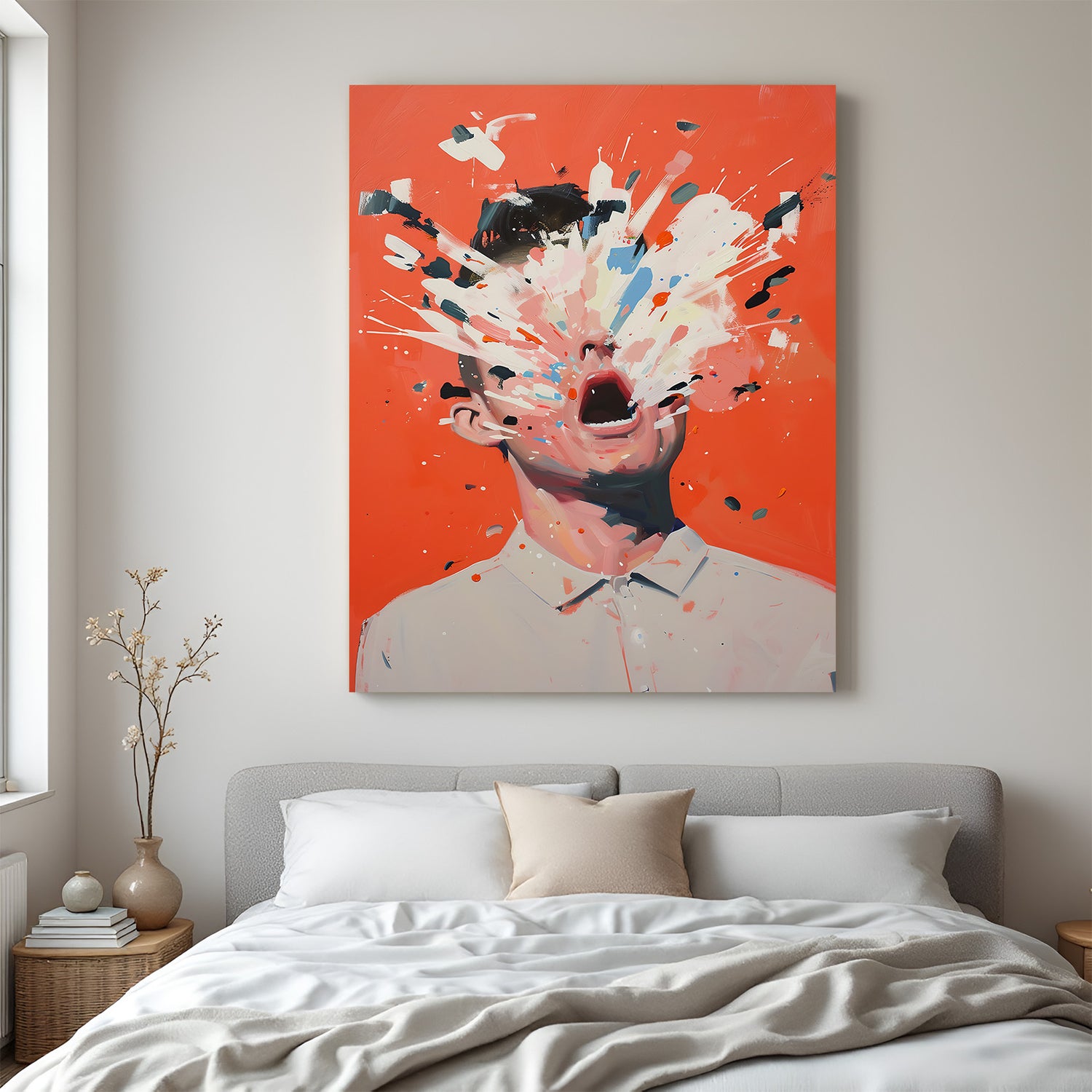 Abstract canvas painting of a man's face with bold paint splashes – expressive and artistic wall art for modern interiors and creative decor spaces