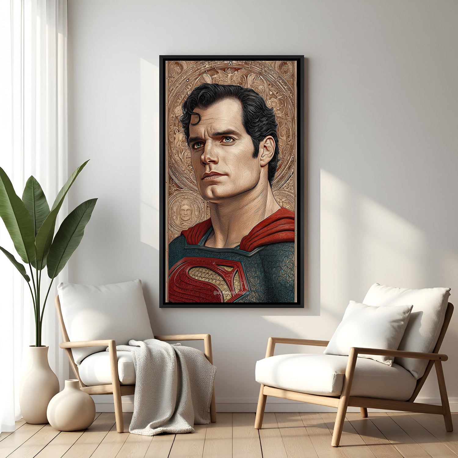 Superhero-inspired artwork in elegant black floater frame with cinematic modern styling