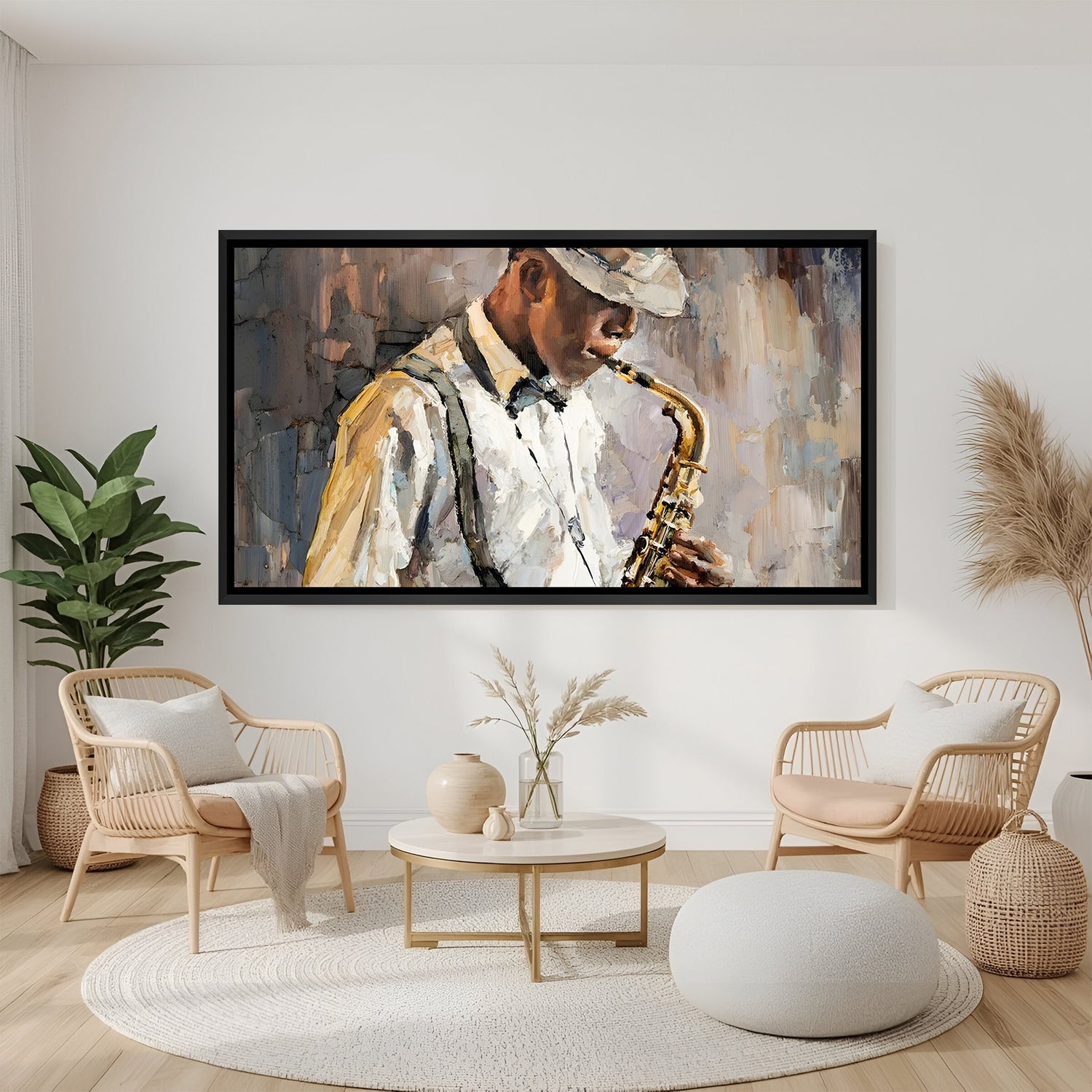 Modern saxophone musician wall art in black floater frame with elegant jazz-inspired artistic style