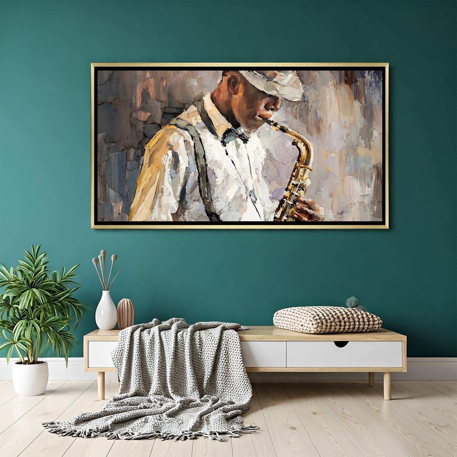 Man playing saxophone modern canvas artwork in golden floater frame for luxury music-themed interiors