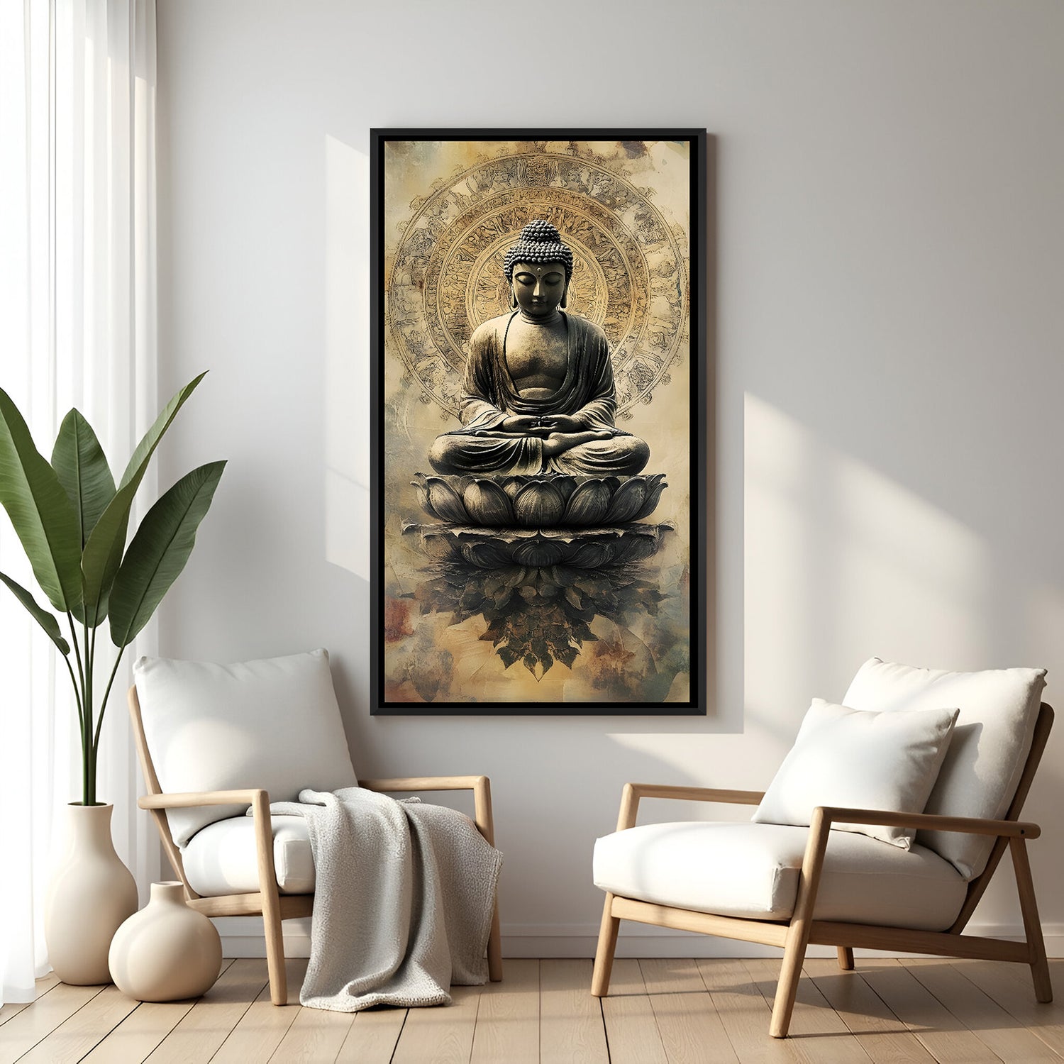 Elegant Buddha mandala artwork in black frame with antique texture tones.