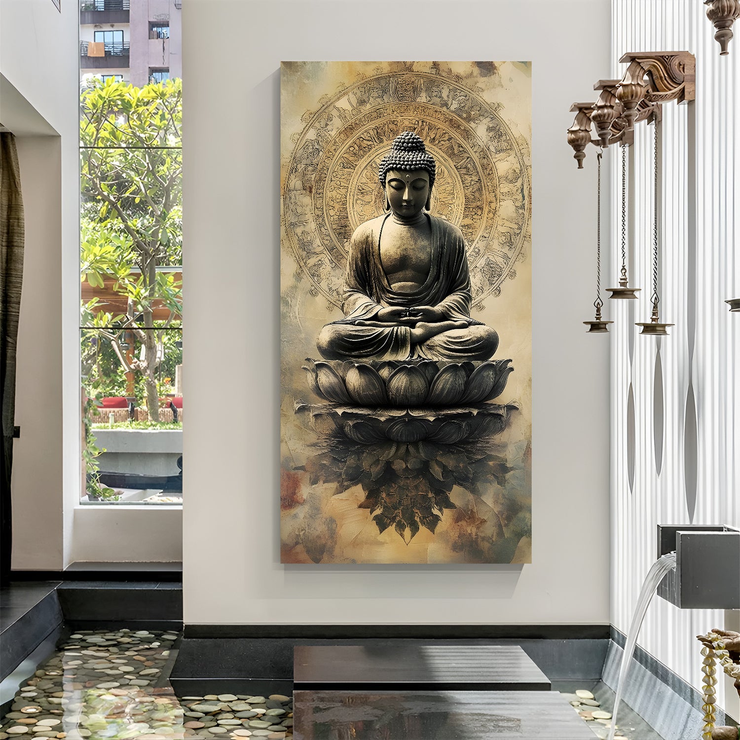 Vertical Buddha meditation wall art with mandala halo and reflection effect.