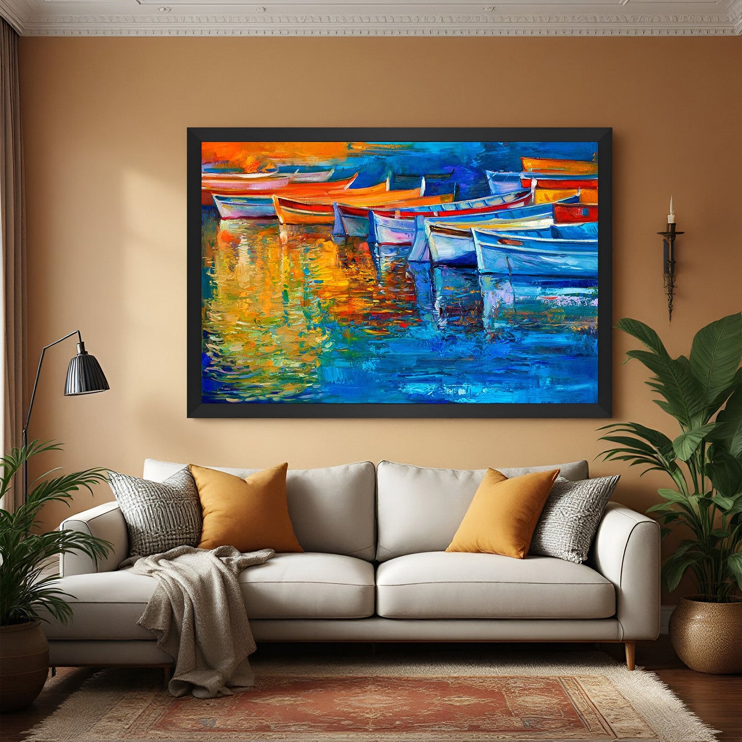 Black frame canvas print of river with many boats – abstract wall art with soft brushstrokes and serene ambiance