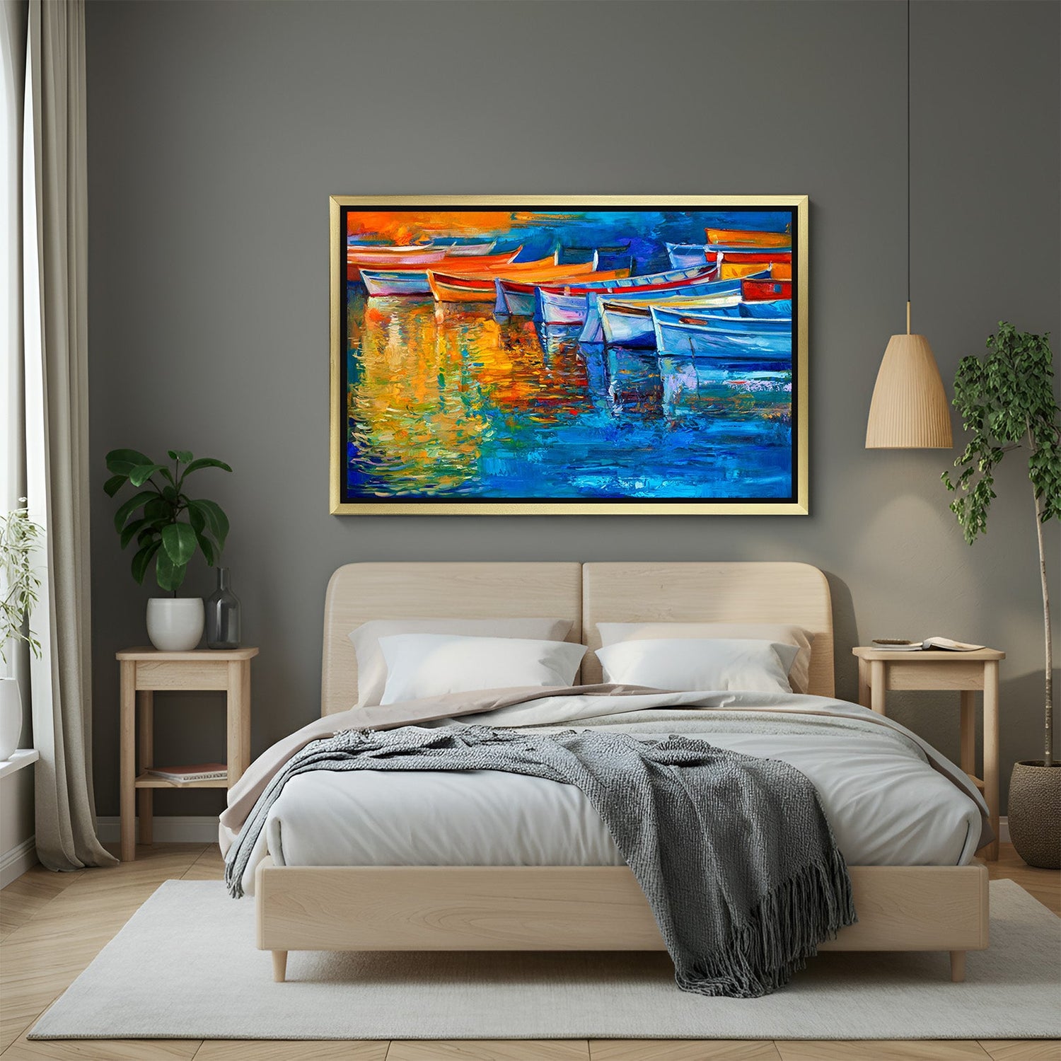 Golden frame abstract canvas featuring multiple boats on a river – modern scenic wall art in a painted style