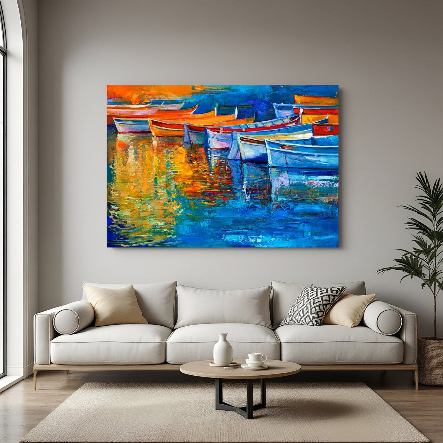 Abstract canvas wall art of many boats in a river – painted design with calm water tones for scenic and modern home decor