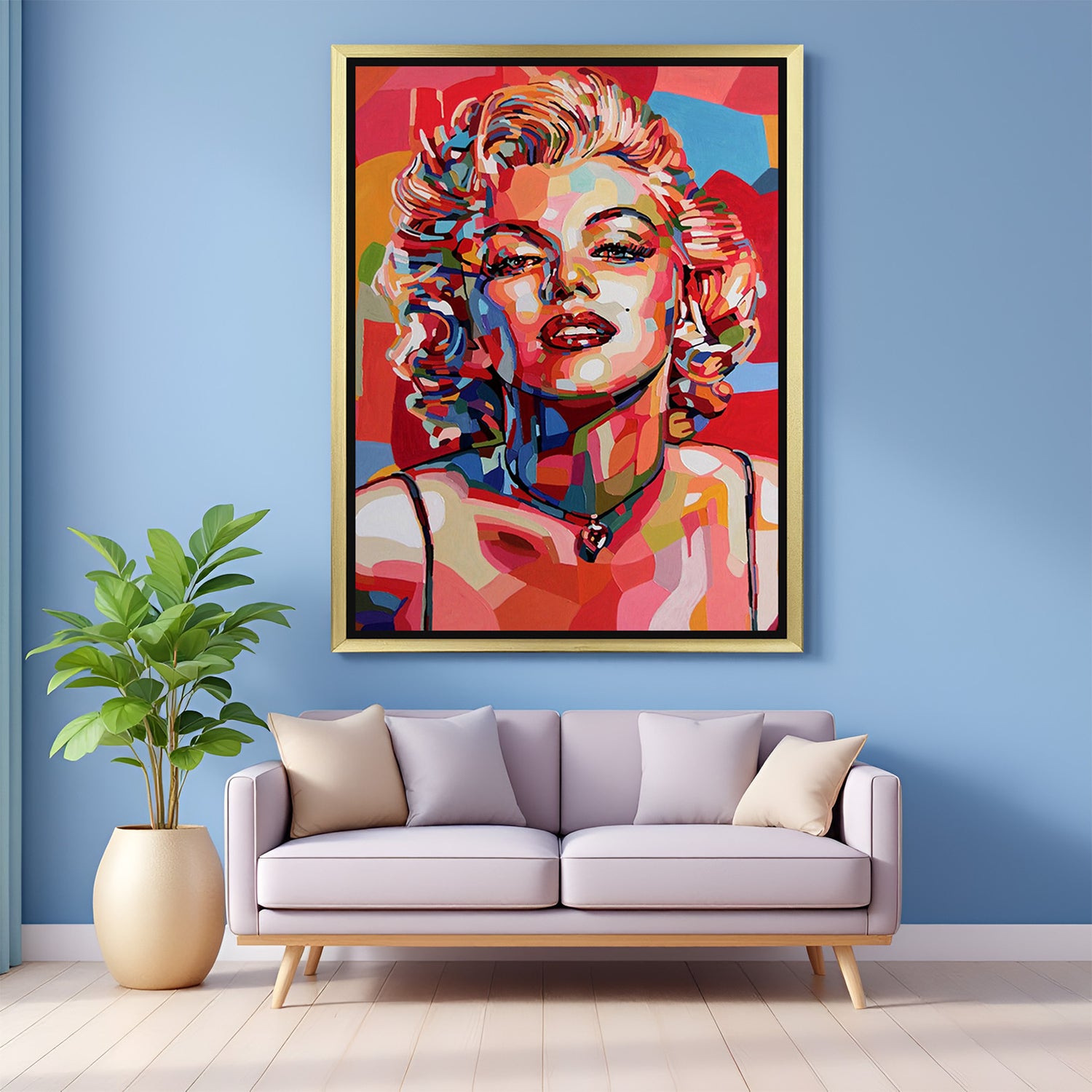 Golden-framed canvas art of Marilyn Monroe in artistic painted design, ideal for luxurious interiors with a feminine, vintage-modern theme