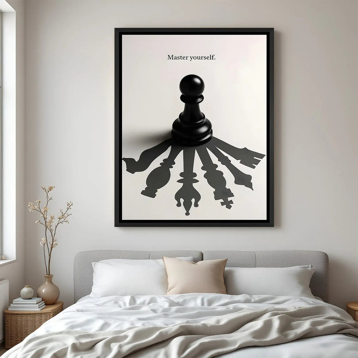 Master Yourself motivational chess wall art in elegant black floater frame for modern office and study decor