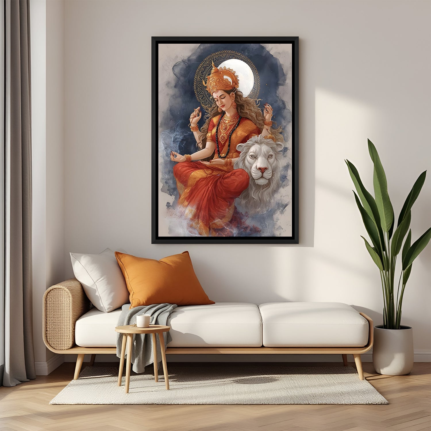 Meditative Durga Maa divine wall painting in elegant black floater frame with white lion