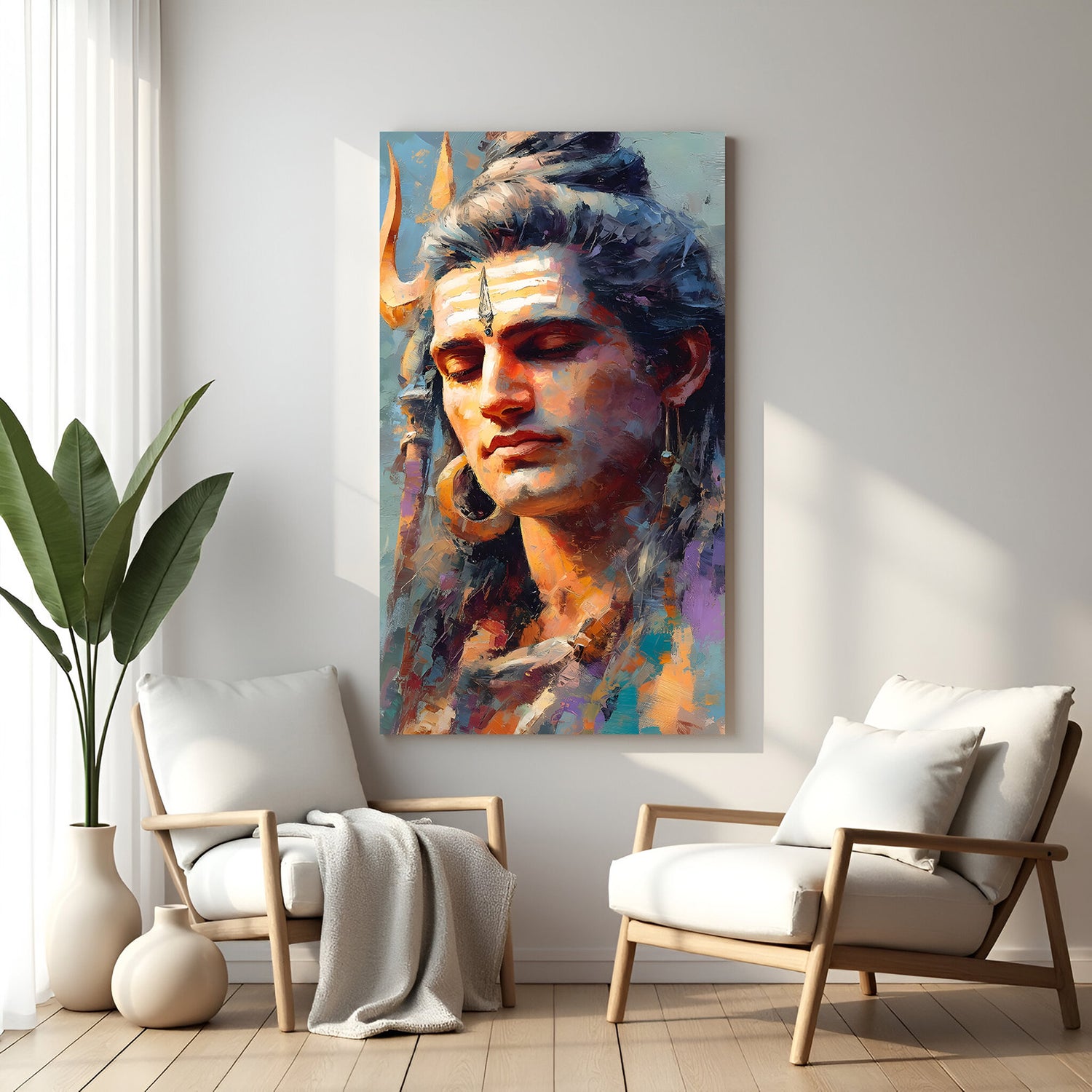 Abstract meditative Shiva portrait canvas wall art with textured brush strokes