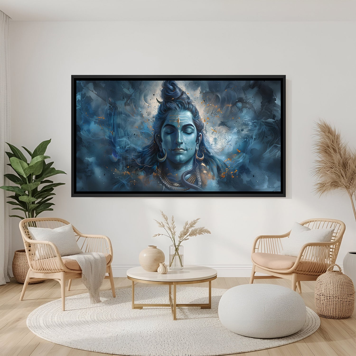 Meditative Shiva painting in black floater frame modern spiritual canvas wall art India