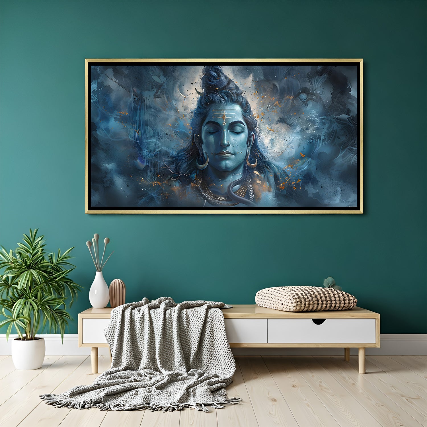 Meditative Shiva canvas wall art in golden floater frame luxury Hindu decor India