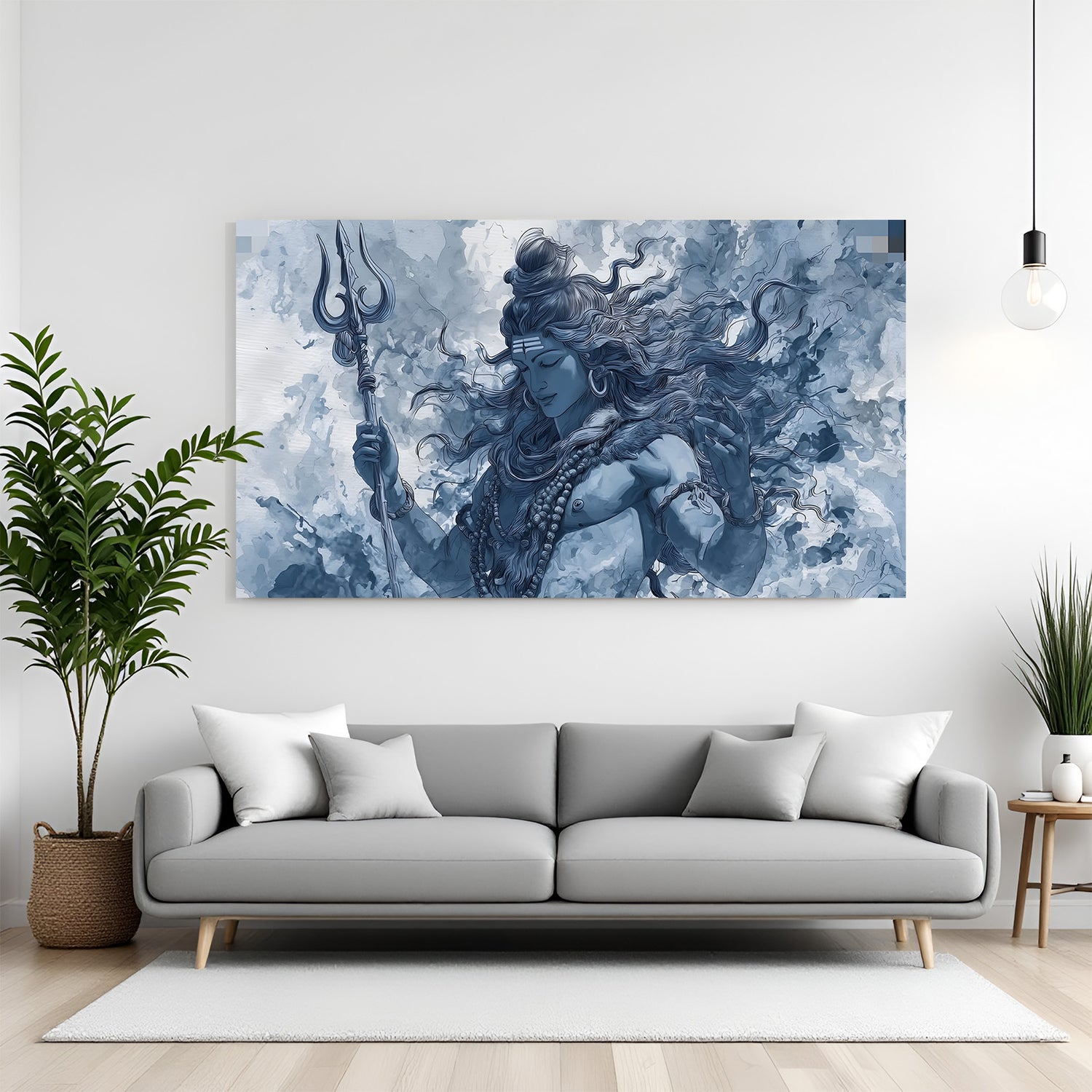 Serene portrait of Lord Shiva holding his trident against swirling clouds in premium canvas wrapped frame