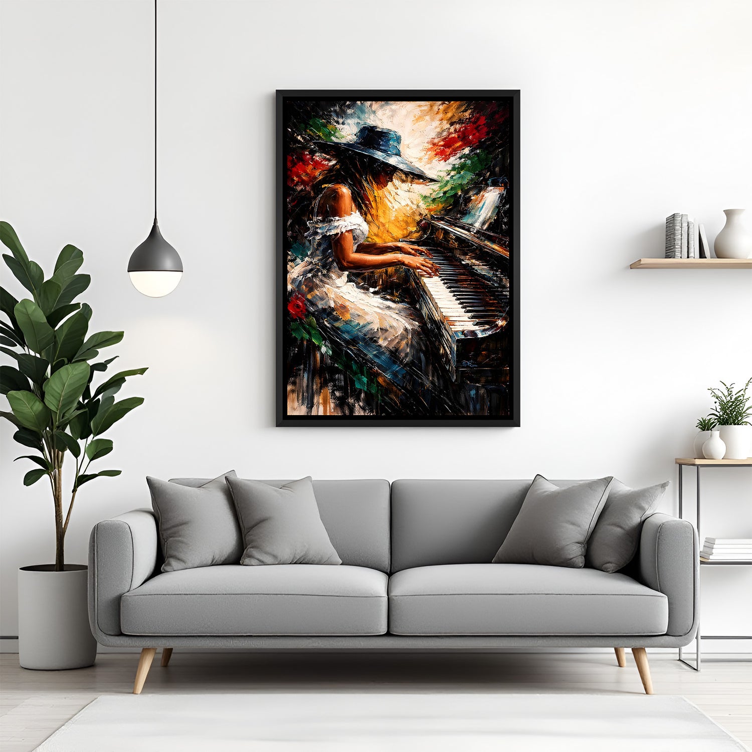 Woman playing piano modern canvas wall painting in elegant black floater frame for interiors