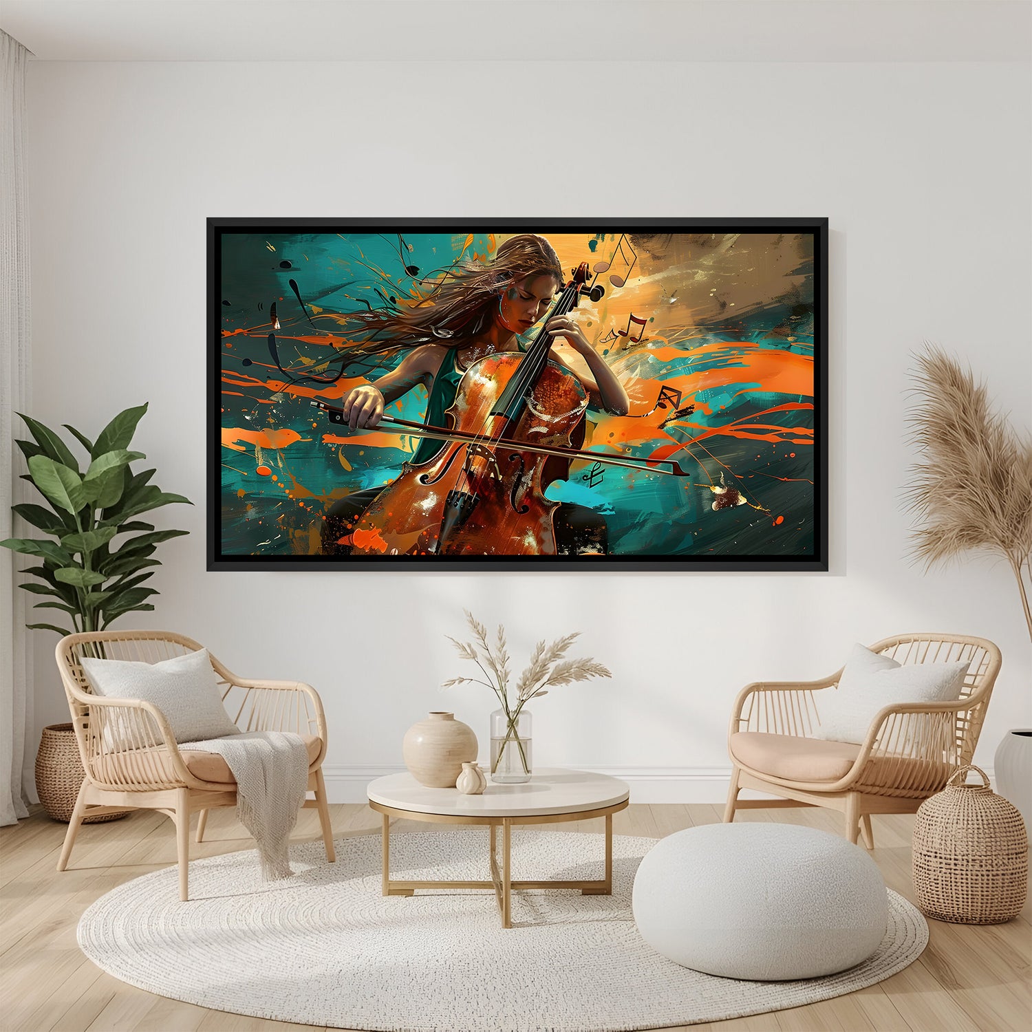 Modern abstract cello musician painting in black floater frame with bold teal and orange brushstrokes above a contemporary sofa.
