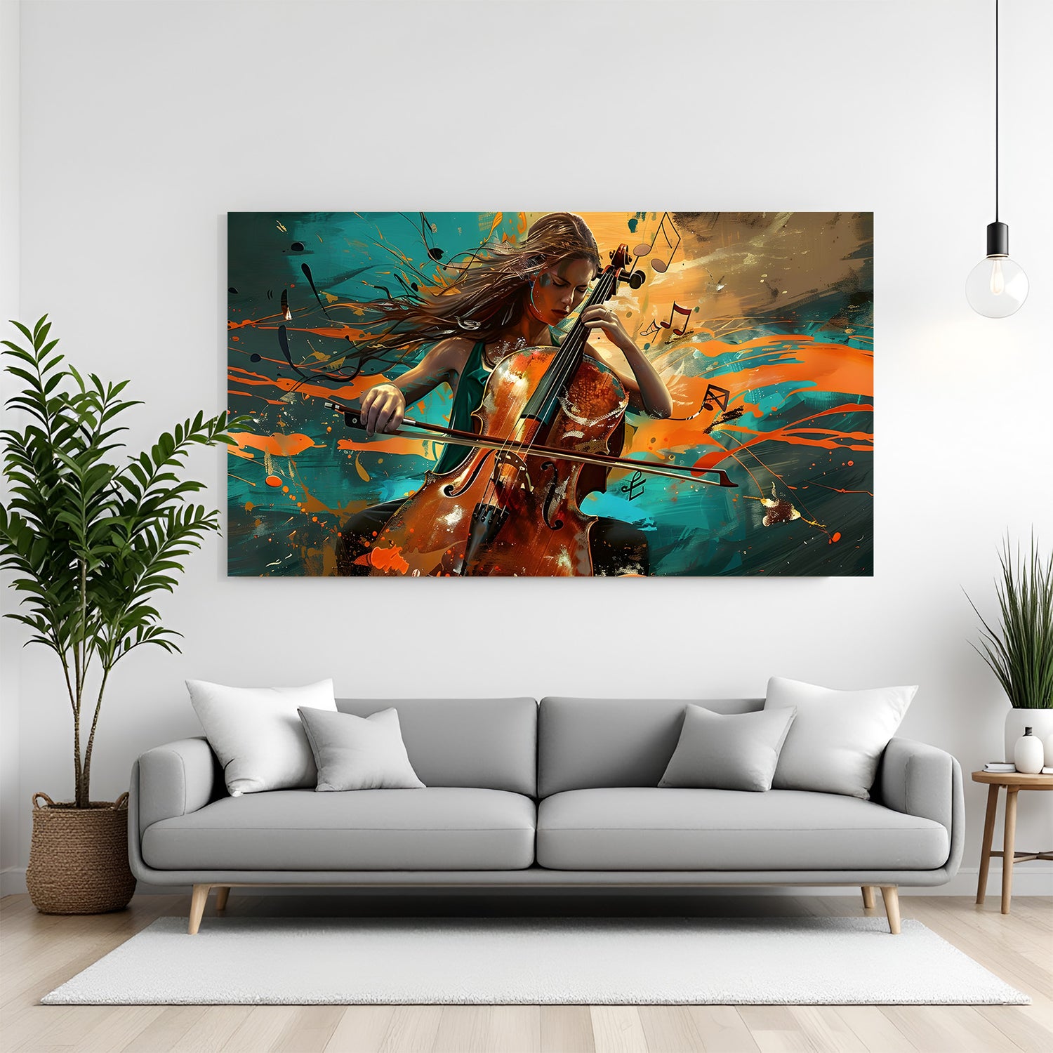 Abstract cello player wall art in canvas wrapped frame featuring a woman playing cello with vibrant teal and orange splashes in a modern living room.