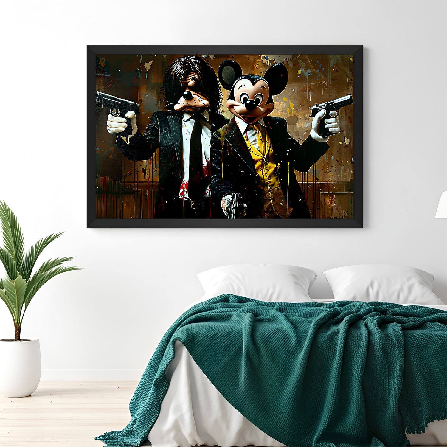 Framed canvas of Mickey and Goofy in gangster style with black floater frame, perfect for edgy interiors and modern character art lovers