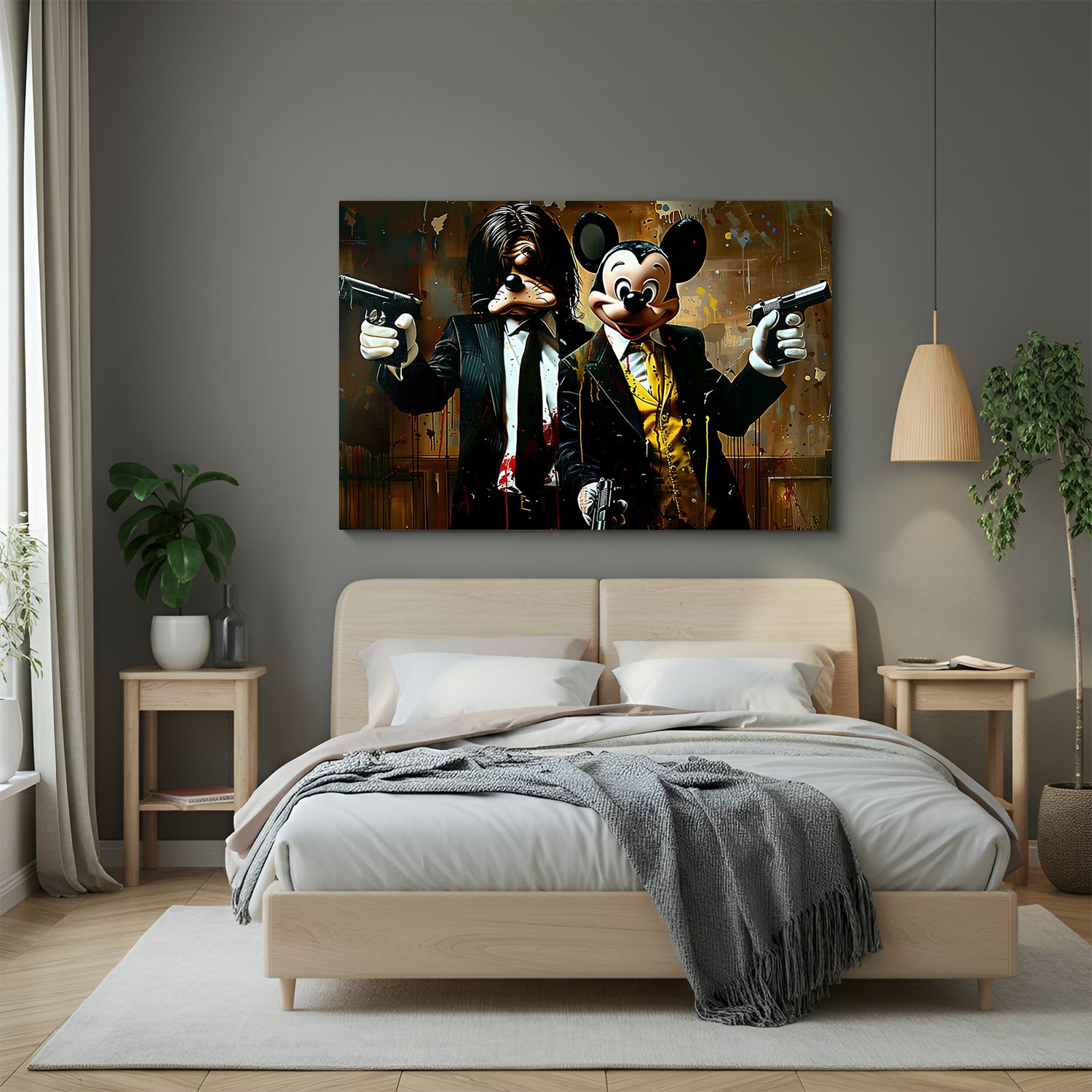 Modern art canvas featuring Mickey Mouse holding a gun with Goofy by his side in gangster look, showcasing cartoon-inspired urban wall decor style