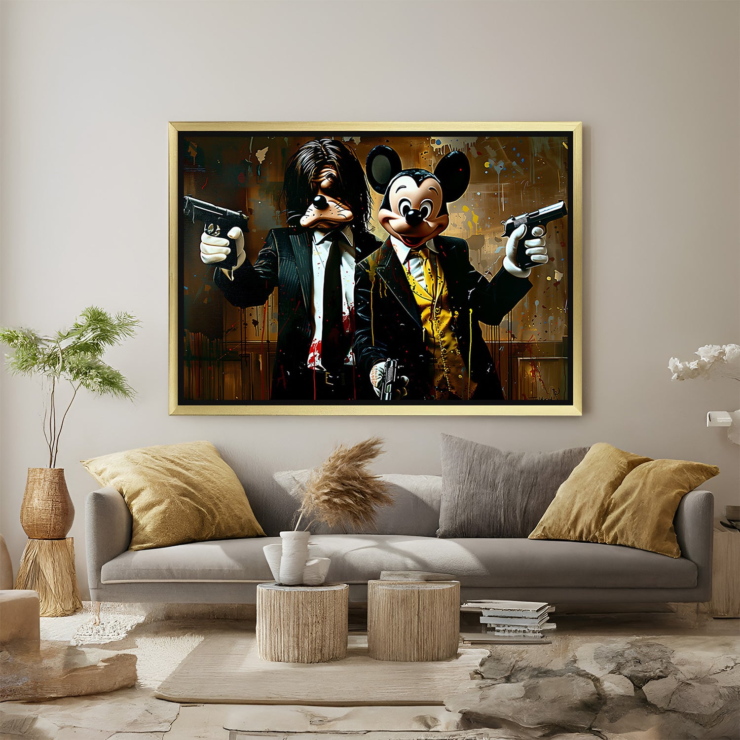 Golden framed version of Mickey Mouse and Goofy reimagined as gangsters in a bold modern art look, ideal for stylish and rebellious wall decor