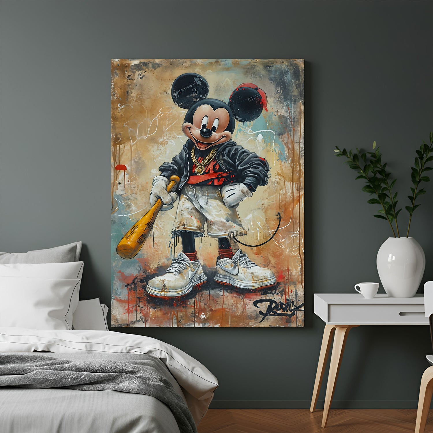 Mickey Mouse holding baseball bat modern art canvas print, colorful cartoon-themed wall decor for stylish spaces
