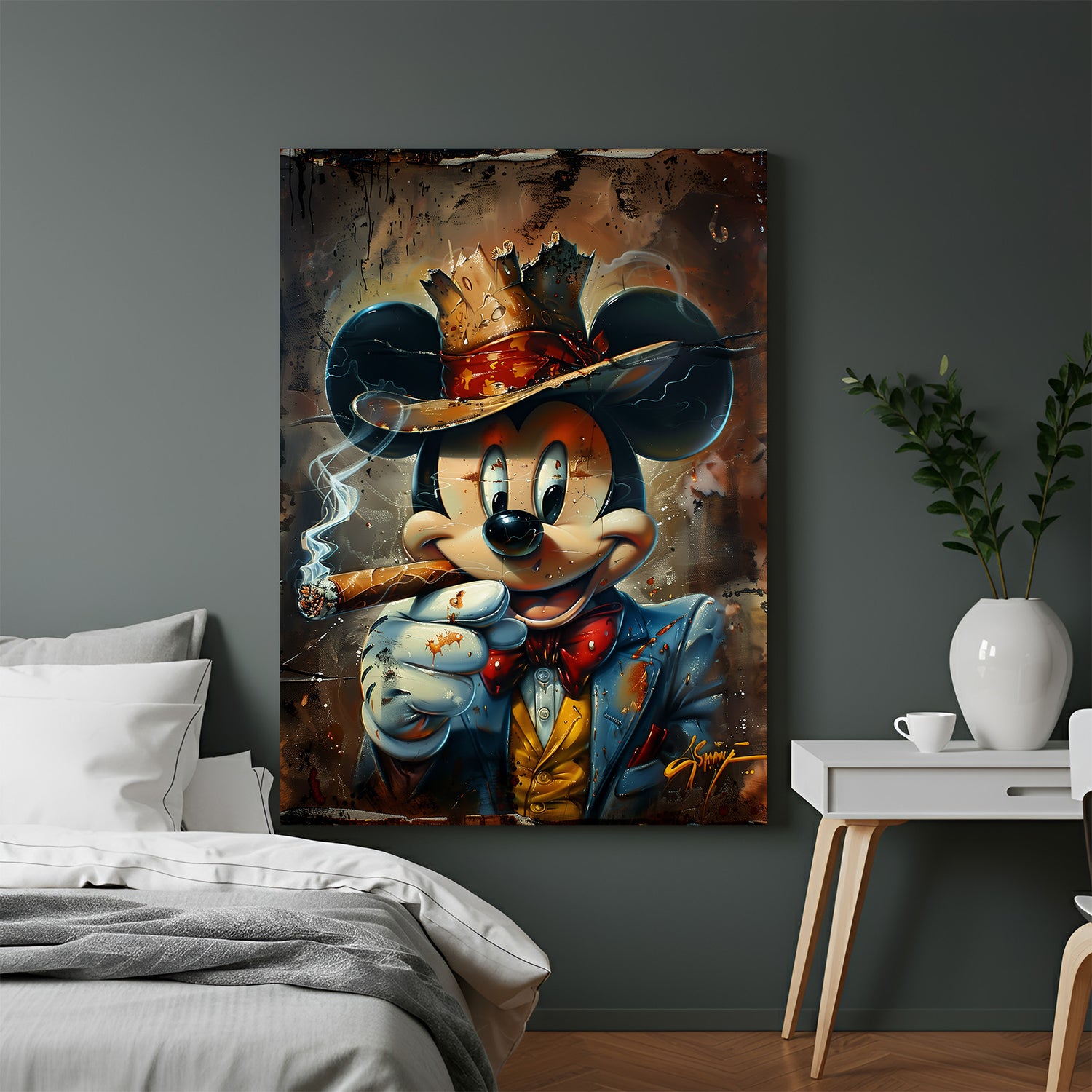 Modern canvas artwork of Mickey Mouse smoking a cigar, designed with bold lines and street-style attitude, ideal for edgy home and pop culture wall decor
