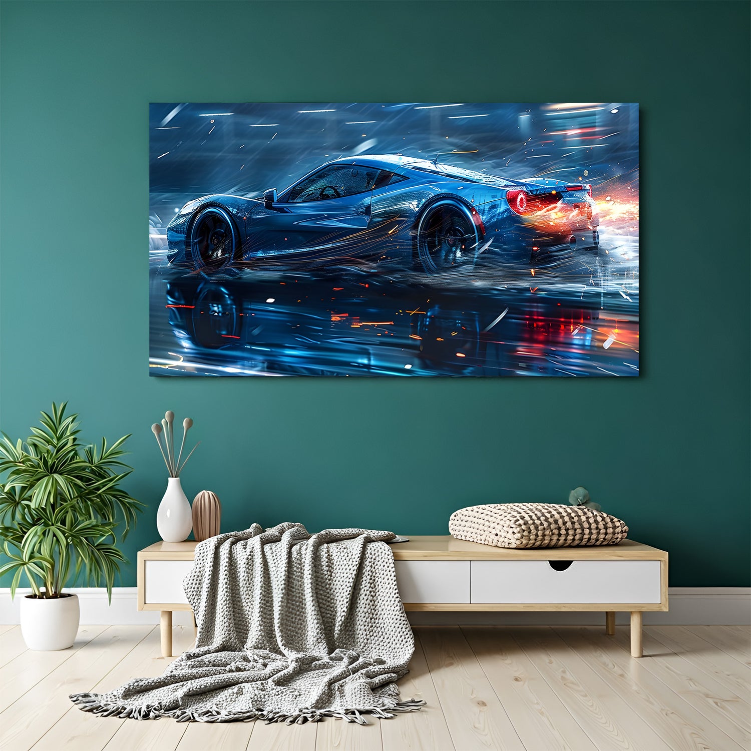 Horizontal supercar drifting at night with blue tones and red sparks.