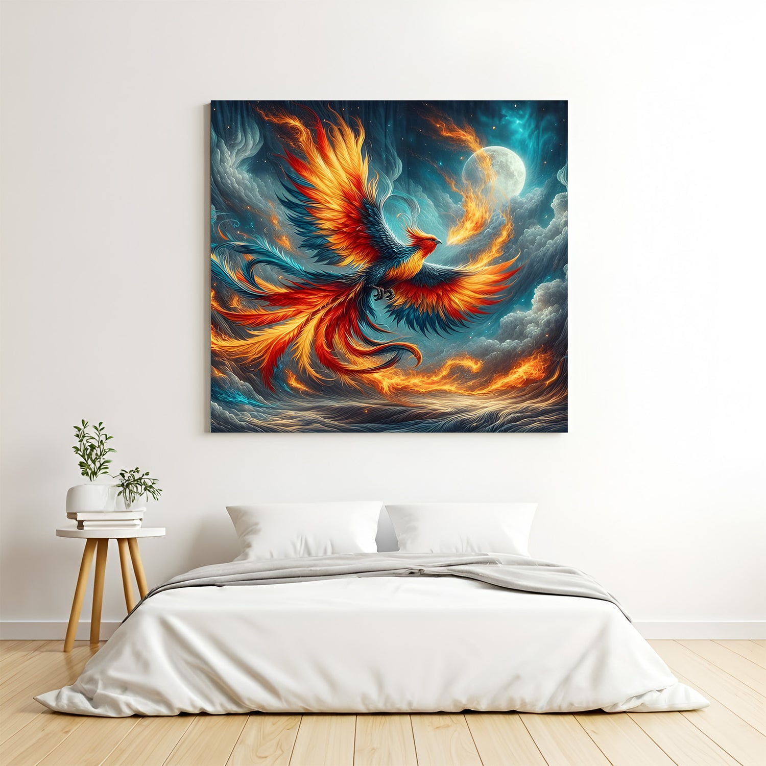 Square phoenix wall art with fiery red and orange wings under moonlit night sky with swirling clouds.
