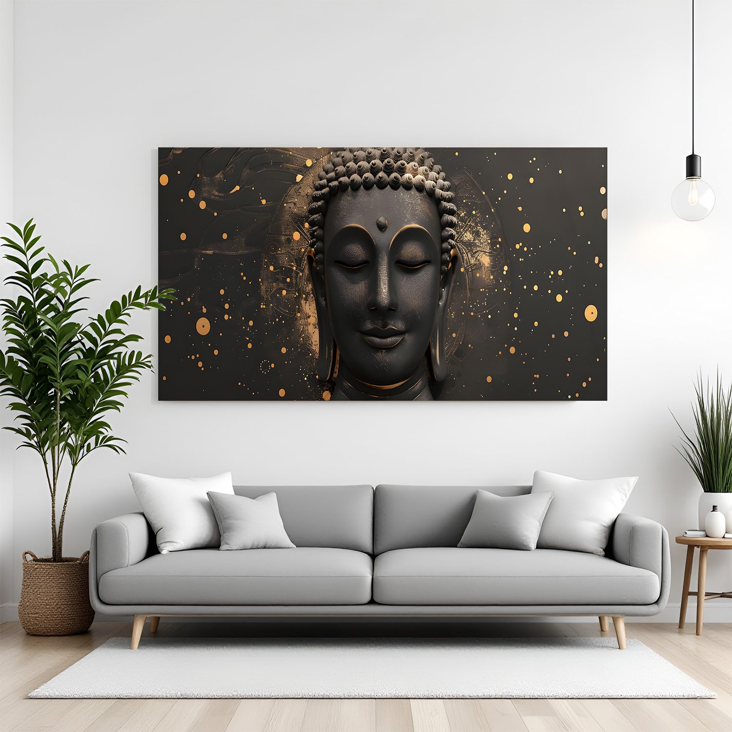 Panoramic black and gold Buddha wall art in canvas wrapped frame with modern luxury styling.