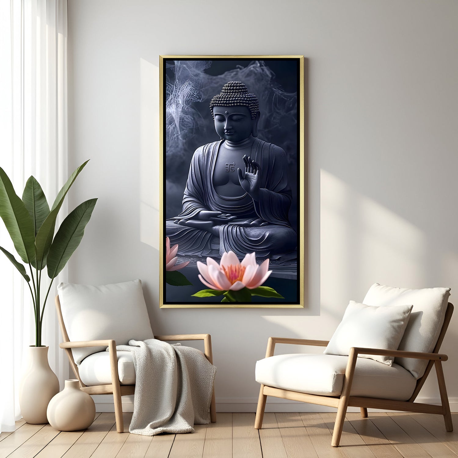 Elegant Buddha meditation artwork in gold floater frame with lotus and mist background.