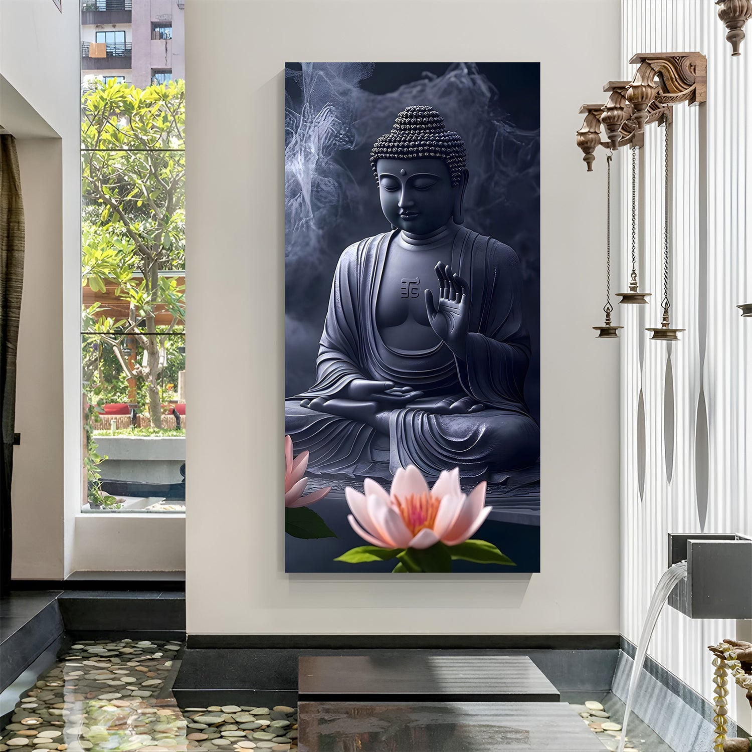 Vertical Buddha wall art with raised blessing hand and pink lotus in dark blue background.