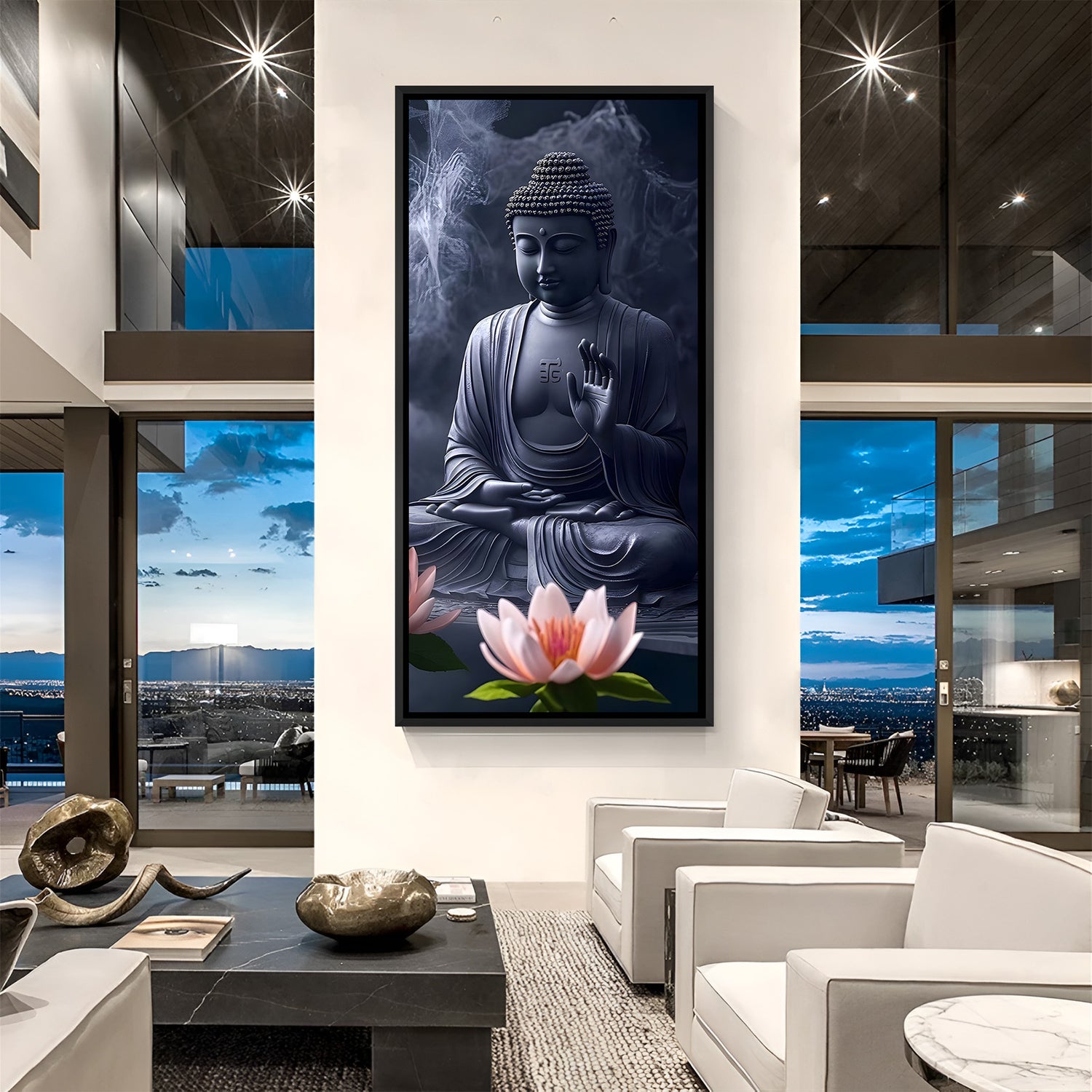 Dark toned Buddha canvas art in black frame with lotus flower foreground.