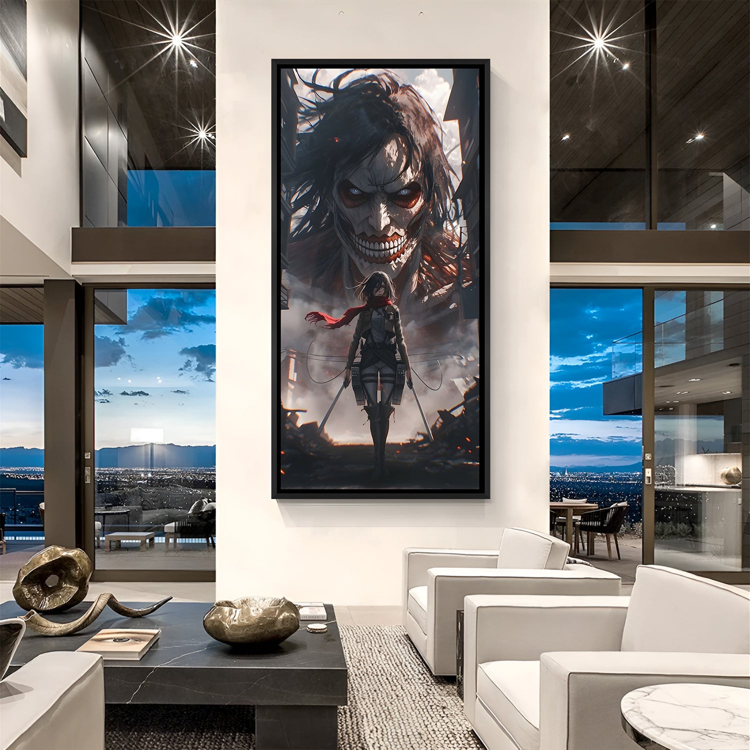 Mikasa Ackerman anime canvas artwork in premium black floater frame for gaming room decor
