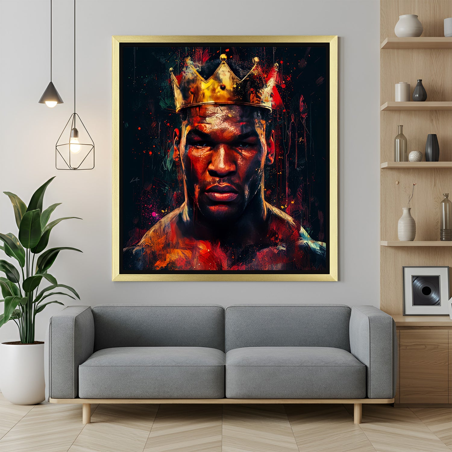 Golden-framed modern art canvas of Mike Tyson with crown and king theme—perfect for masculine, high-energy, and sports-themed home decor