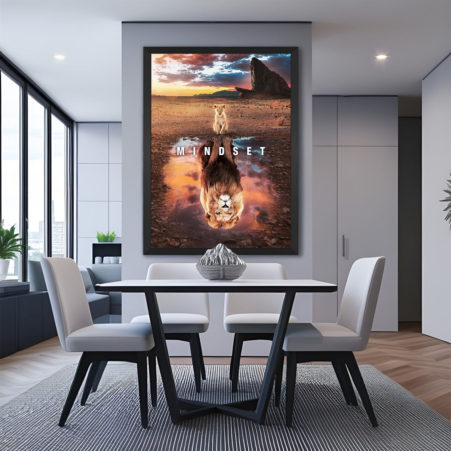 Mindset canvas wall art with black floater frame showing baby lion reflection as powerful lion