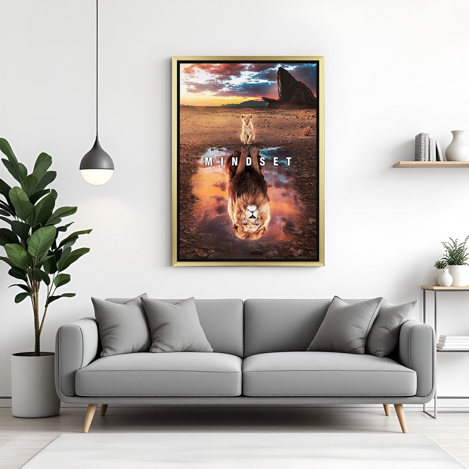 Mindset canvas wall art with golden floater frame showing baby lion reflection as powerful lion