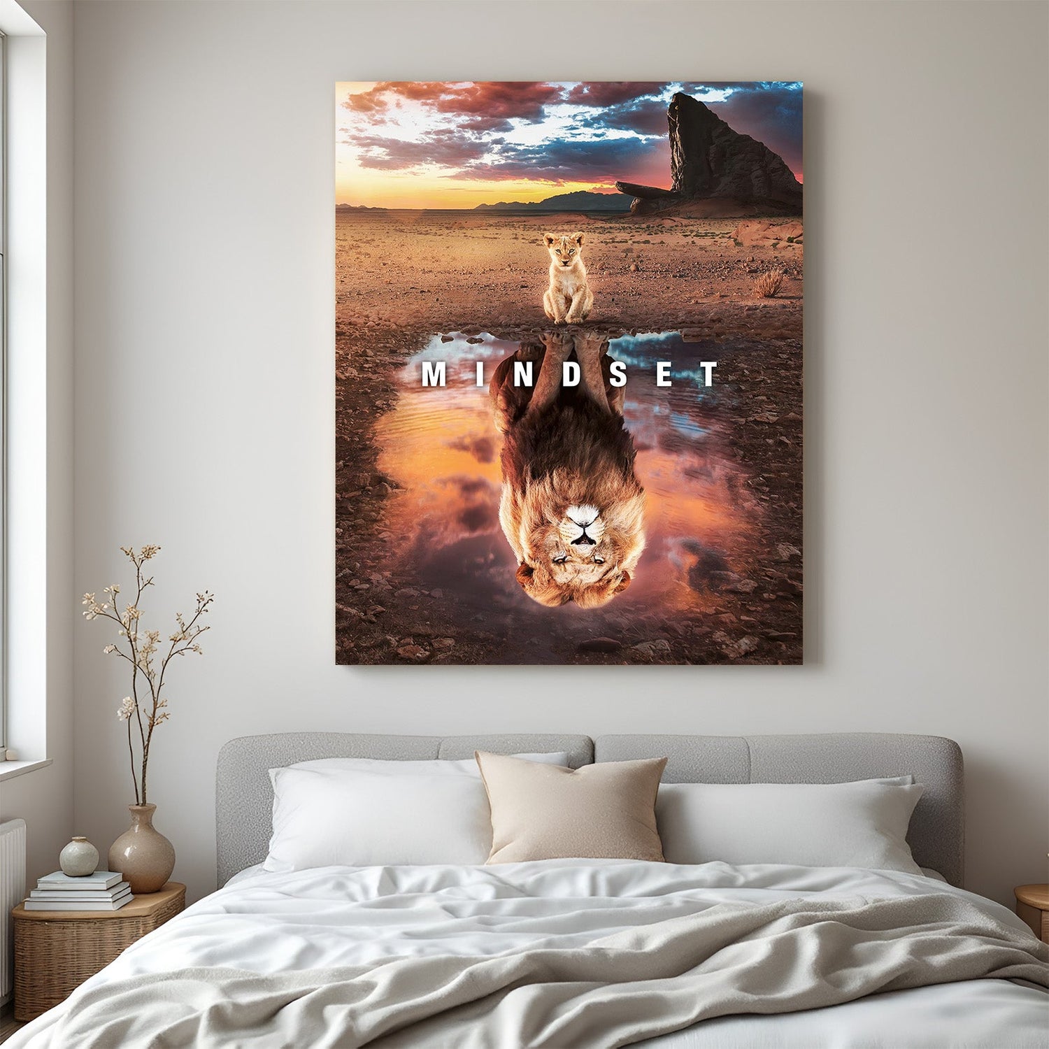 Motivational canvas wall art with baby lion and reflection of powerful lion featuring the word Mindset for home and office decor