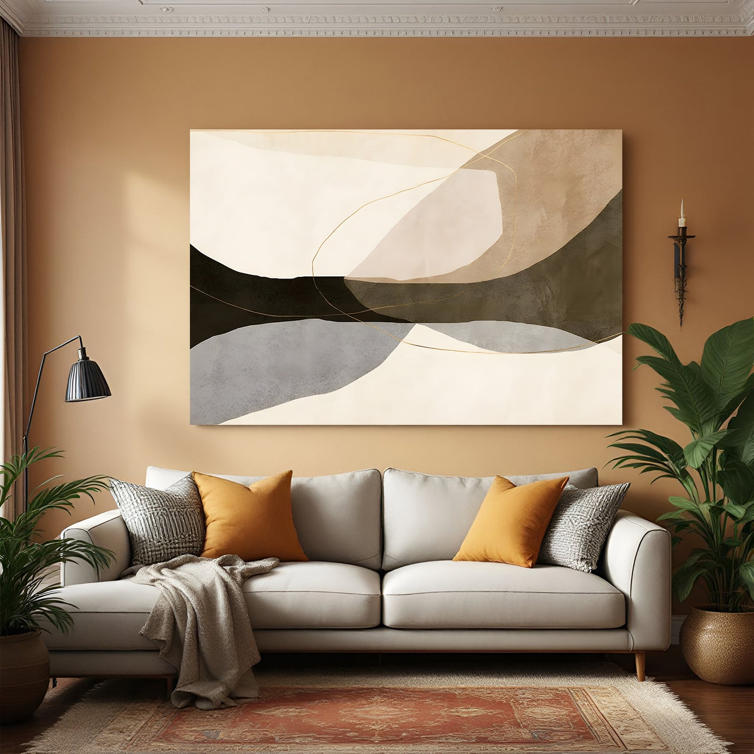 Minimal abstract earth tone canvas wall art with flowing shapes in beige and charcoal