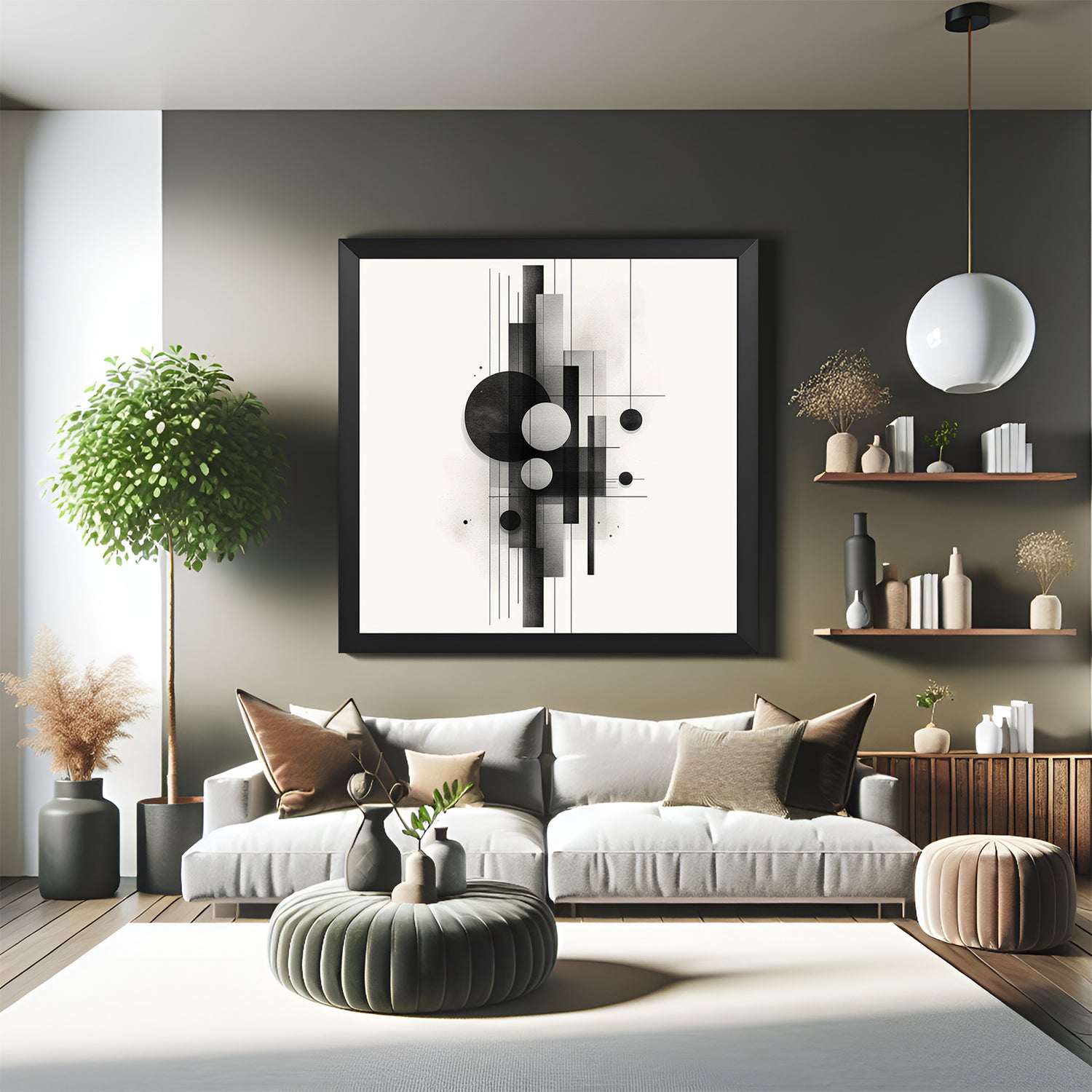 Modern minimal wall art with black geometric shapes on white canvas in black floater frame