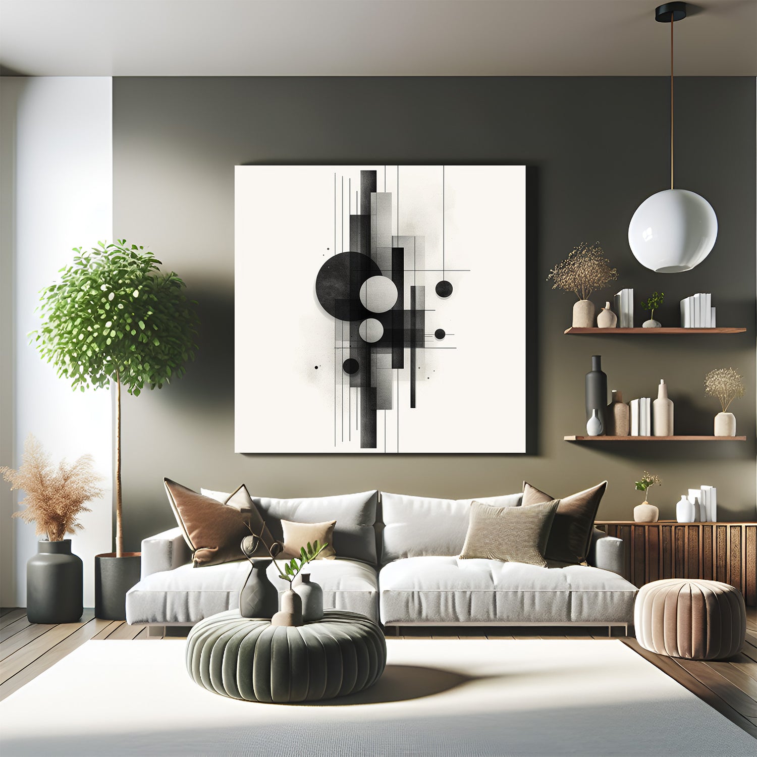 Minimal abstract canvas wall art with black circles and rectangles on white background