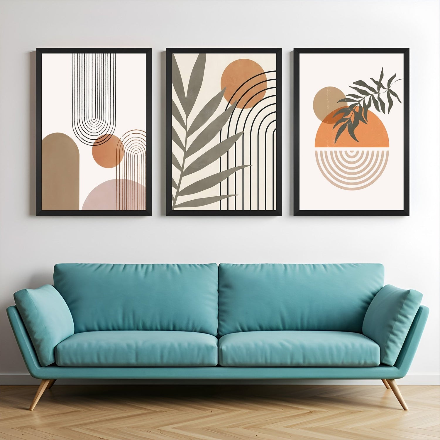 Set of 3 boho prints with line and leaf art, filled earthy circles, and abstract shapes – ideal for peaceful and nature-inspired spaces