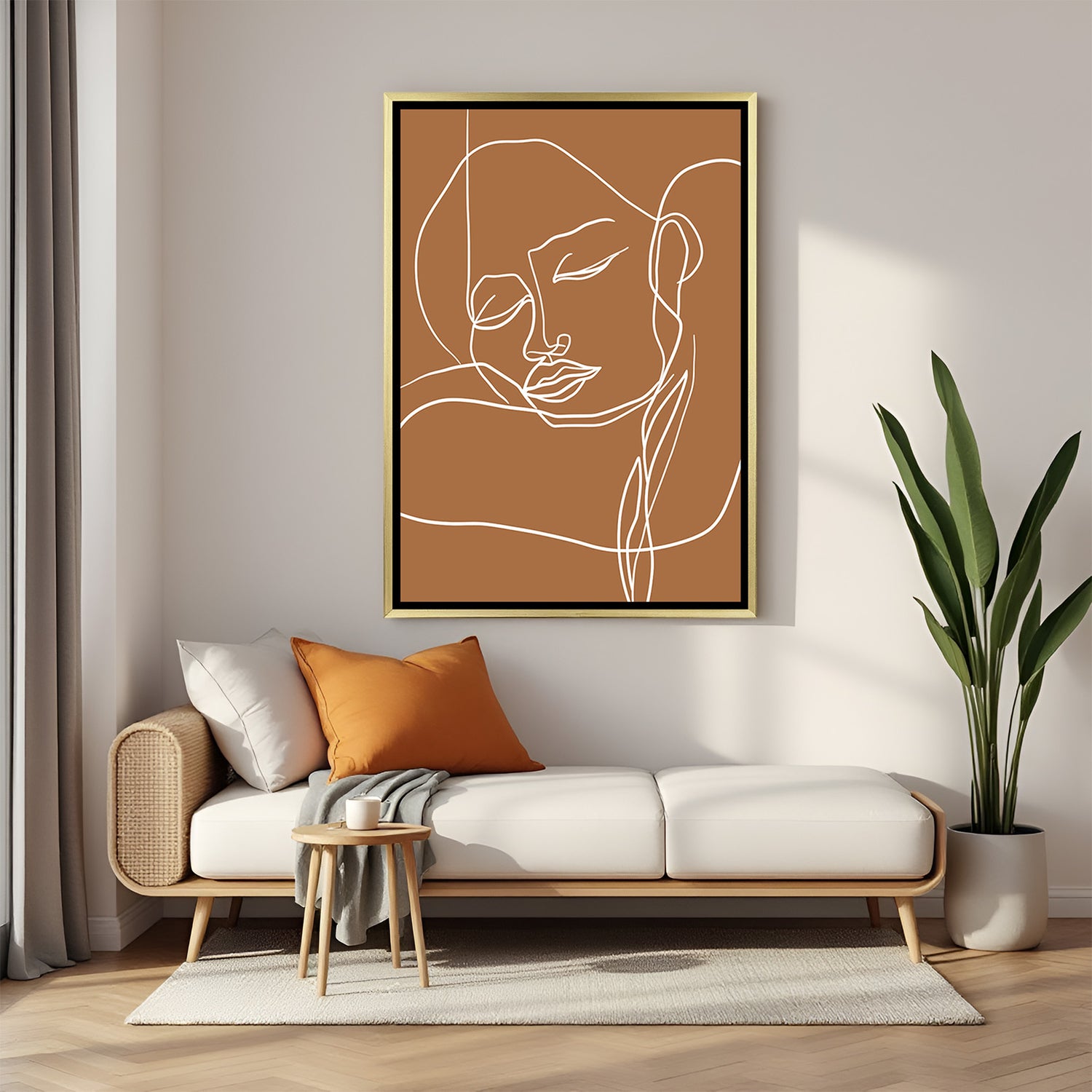 Minimal boho line face wall painting in golden floater frame for chic feminine spaces